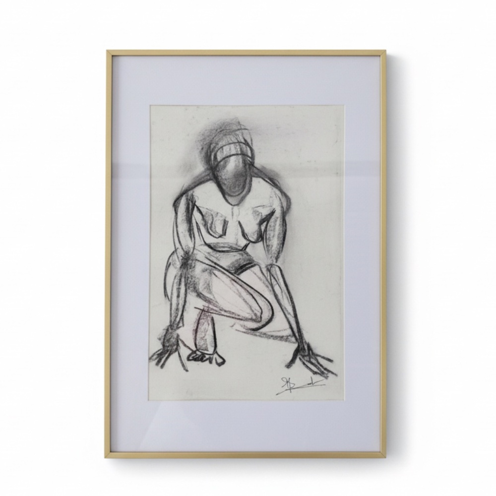 ORIGINAL HAND DRAWING - IN GLASS GOLD METAL FRAME - 16" X 24"